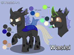 Size: 6000x4500 | Tagged: safe, artist:alejandrogmj, artist:wasisi, derpibooru import, oc, oc:wasisi, changeling, changeling oc, fangs, glowing, glowing horn, horn, reference sheet, simple background, tongue, tongue out