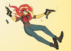 Size: 3000x2171 | Tagged: safe, artist:willowcatkin, derpibooru import, sunset shimmer, human, equestria girls, g4, badass, bullet, clothes, counter-strike, cyan eyes, gun, open mouth, orange skin, pants, pose, reference, scarf, shirt, solo, two toned hair, video game crossover, weapon