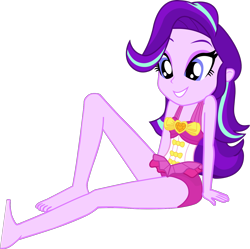 Size: 1340x1335 | Tagged: safe, alternate version, artist:dustinwatsongkx, derpibooru import, starlight glimmer, human, equestria girls, g4, bare shoulders, barefoot, clothes, clothes swap, feet, female, hatless, missing accessory, one-piece swimsuit, pinkie pie swimsuit, simple background, sleeveless, solo, swimsuit, swimsuit swap, transparent background