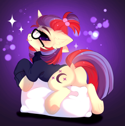 Size: 3877x3915 | Tagged: safe, artist:empress-twilight, derpibooru import, moondancer, pony, unicorn, g4, big ears, butt, clothes, commission, dock, dock fluff, ear fluff, ears, eyelashes, female, glasses, gradient background, hair tie, hock fluff, hoof fluff, horn, lidded eyes, looking back, mane tie, mare, mooningdancer, my little pony: friendship is magic, plot, ponytail, profile, raised head, rear view, smiling, solo, sparkles, sweater, tail, tied mane, tongue, tongue out, turtleneck, turtleneck sweater, ych result