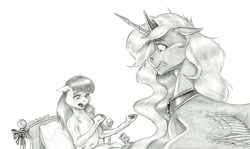 Size: 1400x837 | Tagged: safe, artist:baron engel, derpibooru import, apple bloom, princess luna, alicorn, earth pony, pony, g4, bed, female, human shoulders, mare, monochrome, pencil drawing, ribcage, story included, thin, traditional art