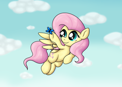 Size: 4556x3252 | Tagged: safe, artist:background basset, derpibooru import, fluttershy, butterfly, pegasus, pony, g4, flying, sky, smiling, spread wings, wings