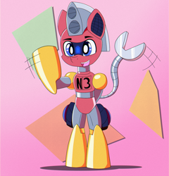 Size: 1440x1498 | Tagged: safe, artist:trackheadtherobopony, derpibooru import, oc, oc only, oc:trackhead, pony, robot, robot pony, semi-anthro, gradient background, greeting, prehensile tail, solo, tail