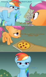 Size: 1920x3231 | Tagged: safe, artist:anonymousandrei, derpibooru exclusive, derpibooru import, rainbow dash, scootaloo, pegasus, pony, g4, 3 panel comic, comic, drool, duo, female, filly, foal, food, imminent something, implied cannibalism, implied scootachicken, mare, pizza, ponyville, text