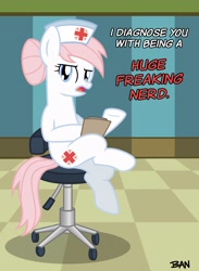 Size: 1890x2585 | Tagged: safe, artist:banquo0, derpibooru import, nurse redheart, earth pony, pony, g4, clipboard, crossed hooves, female, looking at you, mare, narrowed eyes, open mouth, sitting, solo, talking, text