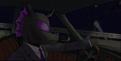 Size: 3127x1570 | Tagged: safe, artist:john_pepsi, derpibooru import, oc, oc only, changeling, car, changeling hive, changeling oc, clothes, driving, jacket, male, necktie, night, purple changeling, shirt, vehicle