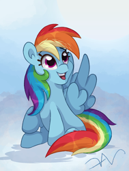 Size: 1317x1740 | Tagged: safe, artist:swasfews, derpibooru import, rainbow dash, pegasus, cloud, looking up, open mouth, open smile, sitting, smiling, solo, spread wings, wings