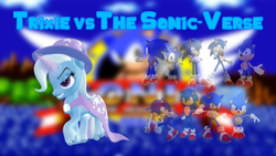 Size: 1920x1080 | Tagged: safe, artist:puzzlshield2, derpibooru import, trixie, hedgehog, pony, unicorn, g4, 3d, 3d render, adventures of sonic the hedgehog, cape, classic sonic, clothes, crossover, fanfic, fanfic art, fanfic cover, hat, horn, mmd, modern sonic, multiverse, pose, render, sega, sonic adventure, sonic boom, sonic cd, sonic prime, sonic the hedgehog, sonic the hedgehog (film), sonic the hedgehog (series), super smash bros., super smash bros. brawl, trixie's cape, trixie's hat