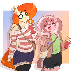 Size: 2484x2424 | Tagged: safe, artist:witchtaunter, derpibooru import, oc, oc:amity starfall, anthro, pegasus, pony, unicorn, clothes, commission, cup, drink, drinking, duo, eyes closed, female, glasses, gradient background, horn, off shoulder, off shoulder sweater, shorts, socks, sweater, thigh highs