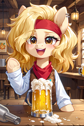 Size: 3072x4608 | Tagged: source needed, safe, ai content, derpibooru import, machine learning generated, oc, oc only, oc:beer foam, pony, alcohol, beer, beer mug, beer stein, blush lines, blushing, clothes, female, glass, indoors, leather, leather vest, looking at you, mare, neckerchief, open mouth, open smile, piercing, prompter:the emissary, smiling, smiling at you, solo, tavern, vest, waving, waving at you