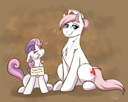 Size: 3821x3034 | Tagged: safe, artist:decemberbreeze, derpibooru import, nurse redheart, sweetie belle, earth pony, pony, unicorn, g4, blushing, candy, chest fluff, cute, diasweetes, duo, ear fluff, ears, eyes closed, female, filly, floating heart, floppy ears, foal, food, hair bun, hat, heart, horn, lollipop, mare, nurse hat, sign, smiling, tail, tail wag, underhoof