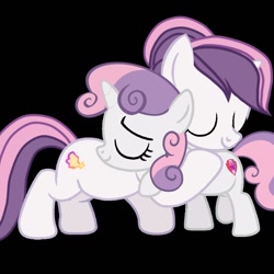 Size: 1280x1280 | Tagged: safe, artist:mia flaffs, derpibooru import, sweetie belle, oc, oc:sweetieck dreams, pony, unicorn, g4, butt, colored hooves, cute, eyelashes, female, filly, flower, foal, hooves, horn, hug, indoors, mare, needs more jpeg, not sweetie belle, orange eyes, plot, ship:dreamsbelle, smiling, tail, two toned mane, two toned tail, unicorn horn