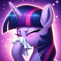 Size: 1024x1024 | Tagged: safe, ai content, derpibooru import, generator:bing image creator, generator:dall-e 3, machine learning generated, twilight sparkle, unicorn, g4, eyes closed, female, horn, mare, nose blowing, prompter:heydude5321, solo, tissue