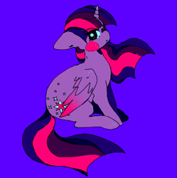 Size: 743x745 | Tagged: safe, artist:11y, derpibooru import, twilight sparkle, twilight sparkle (alicorn), alicorn, pony, alternate cutie mark, blush sticker, blushing, colored wings, eye clipping through hair, eyebrows, eyebrows visible through hair, eyestrain warning, female, folded wings, gradient wings, mare, needs more saturation, purple background, simple background, sitting, solo, wings