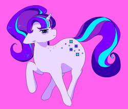 Size: 759x646 | Tagged: safe, artist:11y, derpibooru import, starlight glimmer, pony, unicorn, g4, alternate design, female, horn, looking at you, mare, needs more jpeg, pink background, pixel-crisp art, raised hoof, raised leg, simple background, solo, sparkles, sparkly horn, sparkly mane