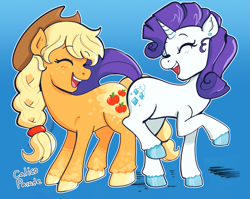 Size: 1289x1026 | Tagged: safe, artist:calicoparade, derpibooru import, applejack, rarity, earth pony, unicorn, butt bump, butt to butt, butt touch, eyes closed, female, horn, lesbian, open mouth, open smile, rarijack, redraw, shipping, smiling