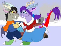 Size: 2732x2048 | Tagged: safe, artist:adeanthepurpledragon, derpibooru import, discord, oc, oc:adean the draconequus, draconequus, christmas, clothes, couple, discord x draconequus oc, dress, holiday, ice skating, scarf, winter, winter outfit