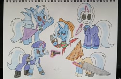 Size: 1764x1148 | Tagged: safe, artist:anonymous, derpibooru import, trixie, bat pony, pony, unicorn, g4, /bale/, bat ponified, bat pony trixie, beginner artist, beret, clothes, costume, fangs, female, freddy krueger, glowing, glowing horn, gun, halloween (movie), handgun, hat, horn, knife, levitation, looking at you, magic, mare, michael myers, nightmare night costume, police, police officer, police pony, pyramid head, race swap, raised hoof, raised leg, resident evil, silent hill, standing, telekinesis, traditional art, trixiebat, weapon