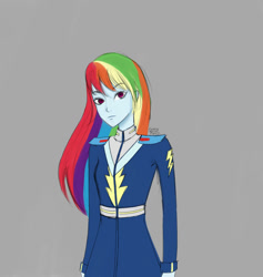 Size: 871x918 | Tagged: safe, artist:rainbowmanedpegasus, derpibooru import, rainbow dash, human, equestria girls, g4, alternate hairstyle, gray background, simple background, solo