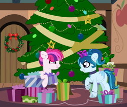 Size: 1280x1080 | Tagged: safe, artist:tkn297, derpibooru import, oc, oc only, oc:pink gidgit, oc:winter snow, pegasus, pony, christmas, christmas tree, female, holiday, mare, present, tree