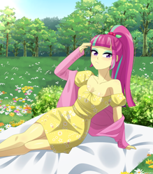 Size: 1050x1200 | Tagged: safe, artist:riouku, derpibooru import, sour sweet, equestria girls, g4, blanket, blushing, breasts, bush, clothes, coat, cute, dress, eyeshadow, female, flower, freckles, makeup, solo, sourbetes, sundress, tree