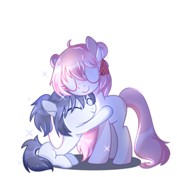 Size: 2048x2048 | Tagged: safe, artist:shichizhaola, derpibooru import, earth pony, pony, ahoge, anime, bangs, base used, blank flank, colored eyelashes, description in comments, duo, duo female, eyelashes, eyes closed, female, filly, foal, hair bun, hair ribbon, happy sugar life, high res, hug, lavender coat, pink coat, pink eyelashes, pink mane, pink tail, ponified, purple coat, purple mane, purple tail, ribbon, satou matsuzaka, shiny mane, shiny tail, shio kōbe, signature, simple background, sitting, solo, sparkles, species swap, tail, teenager, transparent background