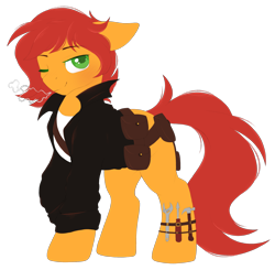 Size: 1800x1763 | Tagged: artist needed, safe, derpibooru import, oc, oc only, oc:ignis quark, bag, blacksmith, clothes, coat, one eye closed, saddle bag, tools, wink