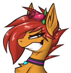 Size: 869x902 | Tagged: safe, artist:fenixdust, derpibooru import, oc, oc:ignis quark, collar, emoji, flower, rose, smug