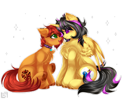 Size: 3434x2850 | Tagged: safe, artist:bizarre_pony, derpibooru import, oc, oc:ignis quark, oc:nitro blitzen, earth pony, pegasus, adoration, collar, cute, ear piercing, earring, jewelry, nose to nose, piercing