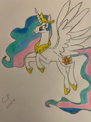 Size: 3024x4032 | Tagged: safe, artist:celestialflare, derpibooru exclusive, derpibooru import, princess celestia, alicorn, pony, g4, female, mare, simple background, smiling, solo, traditional art, white background