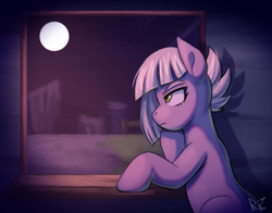 Size: 1809x1416 | Tagged: safe, artist:bkiltersot, derpibooru import, limestone pie, earth pony, pony, g4, female, hoof on chin, mare, moon, solo, window