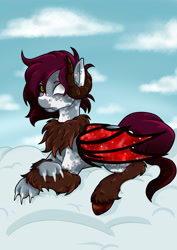 Size: 2893x4092 | Tagged: safe, artist:fleiiha, derpibooru import, oc, oc only, oc:daniel albers, hippogriff, hybrid, cloud, commission, demon wings, folded wings, four wings, goat horns, heterochromia, horns, looking at you, male, multiple wings, sky background, solo, wings, ych result