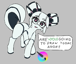 Size: 406x343 | Tagged: safe, artist:anonymous, derpibooru import, pony, robot, robot pony, (you), crossed hooves, drawthread, female, gray background, kiki the cyber squirrel, krita, looking at you, mare, mascot, ponified, simple background, solo, species swap, speech bubble, talking to viewer, wingding eyes