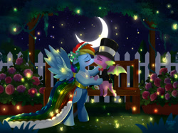 Size: 2400x1800 | Tagged: safe, artist:darksly, derpibooru import, rainbow dash, spike, dragon, firefly (insect), insect, pegasus, pony, g4, bench, duo, duo male and female, female, fence, flower, kissing, male, moon, night, ship:rainbowspike, shipping, stars, straight