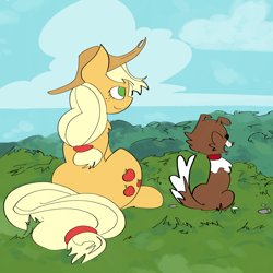 Size: 3604x3600 | Tagged: safe, artist:anonymous, derpibooru import, applejack, winona, dog, pony, g4, colored, drawthread, duo, female, mare, on grass, ponified animal photo, ponified horse photo, requested art, sitting, sitting on grass