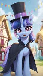 Size: 1920x3360 | Tagged: safe, ai content, derpibooru import, machine learning generated, oc, oc only, oc:flawless sparklemoon, pony, unicorn, anonymous prompter, cape, clothes, female, fusion, fusion:trixie, fusion:twilight sparkle, fusion:twixie, happy, head tilt, horn, looking at you, mare, open mouth, open smile, outdoors, ponyville, prompt in description, prompt in metadata, smiling, smiling at you, solo, standing, starry eyes, wingding eyes