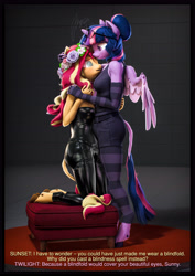 Size: 4000x5656 | Tagged: safe, artist:imafutureguitarhero, derpibooru import, sci-twi, sunset shimmer, twilight sparkle, twilight sparkle (alicorn), alicorn, anthro, classical unicorn, unguligrade anthro, unicorn, series:twilight's sexual deviancy, g4, 3d, absurd resolution, arm fluff, arm freckles, blind, blindness, breast fluff, cheek fluff, chest fluff, chromatic aberration, clothes, cloven hooves, collar, colored eyebrows, colored eyelashes, colored wings, dialogue, dork, duo, ear fluff, ear freckles, ears, evening gloves, female, film grain, fingerless elbow gloves, fingerless gloves, floral head wreath, flower, flower in hair, fluffy, fluffy hair, fluffy mane, fluffy tail, freckles, fur, glasses, glasses off, glasses on head, glazed eyes, gloves, hand on shoulder, hoof fluff, horn, kneeling, latex, latex corset, latex pants, leonine tail, lesbian, long gloves, long hair, long mane, mare, multicolored hair, multicolored mane, multicolored tail, neck fluff, ottoman, pants, peppered bacon, revamped anthros, revamped ponies, sci-twishimmer, shipping, shorts, shoulder fluff, shoulder freckles, signature, socks, source filmmaker, stage.bsp, striped gloves, striped socks, striped stockings, subtitles, sunsetsparkle, tail, tail fluff, tanktop, text, two toned wings, unshorn fetlocks, vertical, wall of tags, wing fluff, wing freckles, wings