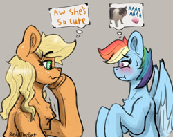 Size: 1455x1155 | Tagged: safe, artist:reddthebat, derpibooru import, applejack, rainbow dash, cat, earth pony, pegasus, pony, g4, aaaaaaaaaa, appledash, blushing, brain, bust, chest fluff, duo, duo female, ear fluff, ear freckles, ears, female, freckles, gray background, hoof on chin, lesbian, looking at each other, looking at someone, loose hair, mare, organs, shipping, shoulder freckles, signature, simple background, sweat, sweatdrop, thought bubble