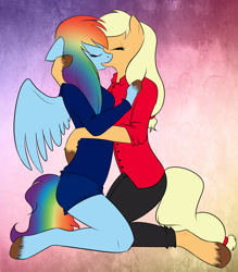 Size: 3500x4000 | Tagged: source needed, safe, artist:mysteriousmuffin, derpibooru import, applejack, rainbow dash, anthro, earth pony, pegasus, g4, appledash, duo, eyes closed, female, females only, kiss on the lips, kissing, lesbian, shipping