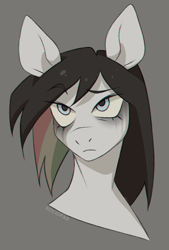 Size: 1050x1550 | Tagged: safe, artist:sociofag, derpibooru import, oc, oc only, oc:rainbow despair, pony, bust, chromatic aberration, female, makeup, multicolored mane, portrait, running makeup, solo