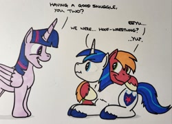 Size: 2048x1472 | Tagged: safe, artist:hoofclid, derpibooru import, big macintosh, shining armor, twilight sparkle, twilight sparkle (alicorn), alicorn, earth pony, pony, unicorn, g4, dialogue, embarrassed, horn, hug, lying down, marker drawing, open mouth, open smile, prone, smiling, traditional art, trio, wavy mouth