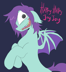 Size: 869x951 | Tagged: safe, artist:rainbowteeth, derpibooru import, oc, oc only, oc:lenz, bat pony, pony, bat wings, concave belly, happy happy joy joy, sharp teeth, solo, teeth, wings