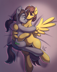 Size: 1812x2282 | Tagged: safe, artist:bkiltersot, derpibooru import, oc, oc only, oc:dust, oc:toasty, pegasus, pony, unicorn, bedroom eyes, butt, cuddling, duo, duo male, gay, horn, hug, male, plot, stallion, winghug, wings