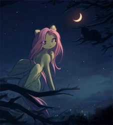 Size: 5670x6282 | Tagged: safe, artist:deadchrltte, derpibooru import, fluttershy, cat, pegasus, pony, absurd resolution, city lights, female, in a tree, looking at you, looking back, looking back at you, mare, moon, night, scenery, sitting, solo, tree