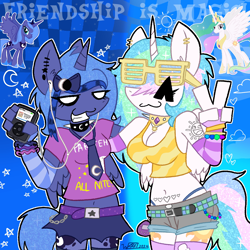 Size: 2000x2000 | Tagged: safe, artist:f0xyw4ffl3z, derpibooru import, princess celestia, princess luna, alicorn, anthro, g4, :3, ^^, alternate hairstyle, arm behind back, arm warmers, belt, blank eyes, both cutie marks, breasts, choker, cleavage, clothes, coontails, duo, duo female, ear piercing, earbuds, epic face, eyelashes, eyes closed, female, gauges, gradient background, holding, lidded eyes, midriff, mp3 player, necktie, outline, peace sign, piercing, royal sisters, scene, scene hair, shorts, shutter shades, siblings, sisters, skirt, spiked choker, sunglasses, tanktop, tattoo