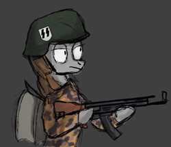 Size: 1125x966 | Tagged: safe, artist:dowi, derpibooru import, oc, oc only, oc:devin, bat pony, pony, army, assault rifle, camouflage, clothes, eichenlaubmuster, german, gray background, gun, helmet, holding gun, m42, male, military, oak leaf, paramilitary, pattern, rifle, simple background, sketch, smock, soldier, solo, stahlhelm, stallion, stg 44, uniform, waffen-ss, weapon, wings, world war ii