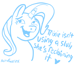 Size: 1338x1185 | Tagged: safe, artist:azira faerinx, derpibooru import, trixie, pony, unicorn, g4, bust, edgy, edgy as fuck, horn, joke, meme, open mouth, open smile, portrait, shitposting, smiling, solo, third person