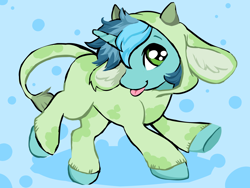 Size: 2400x1800 | Tagged: safe, artist:onc3l3rphobix, derpibooru import, oc, oc only, oc:minty breeze, pony, unicorn, abstract background, clothes, costume, horn, kigurumi, male, onesie, solo, stallion