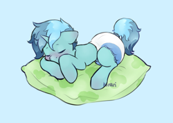 Size: 3507x2480 | Tagged: safe, artist:kirari_chan, derpibooru import, oc, oc only, oc:minty breeze, pony, unicorn, abdl, adult foal, diaper, horn, male, non-baby in diaper, simple background, solo, stallion