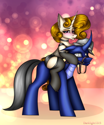 Size: 2360x2830 | Tagged: safe, artist:darklight1315, derpibooru import, oc, oc only, oc:alexia, oc:carnax, changedling, changeling, pony, unicorn, birthday gift, blushing, bridle, changeling oc, choker, clothes, couple, female, fishnet clothing, hat, horn, horny, leather, leather skirt, makeup, male, mare, reins, riding, skirt, stallion, stockings, tack, thigh highs